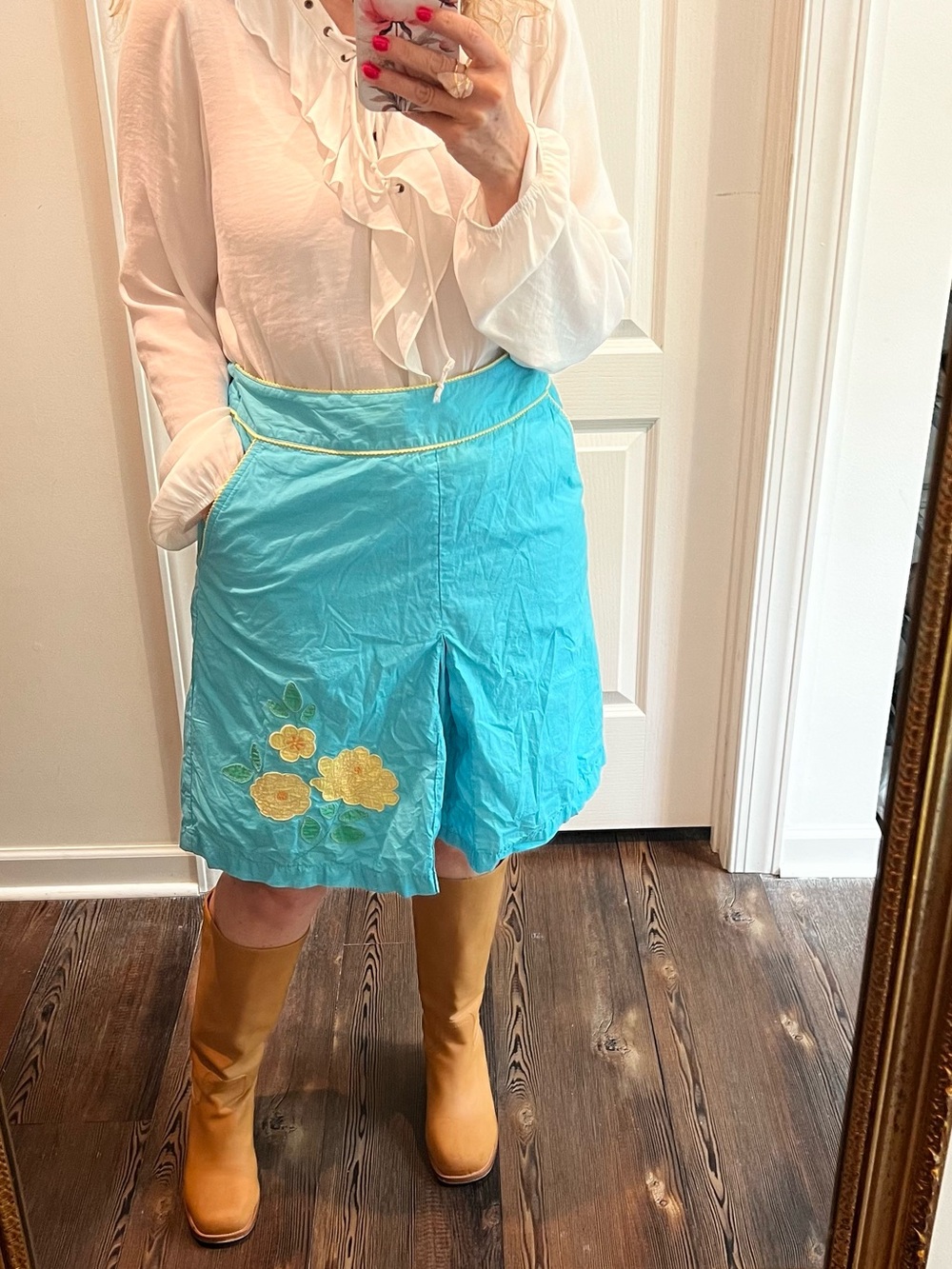 Vintage turquoise inverted pleat L.L. Bean skirt embroidered appliqué size 10
